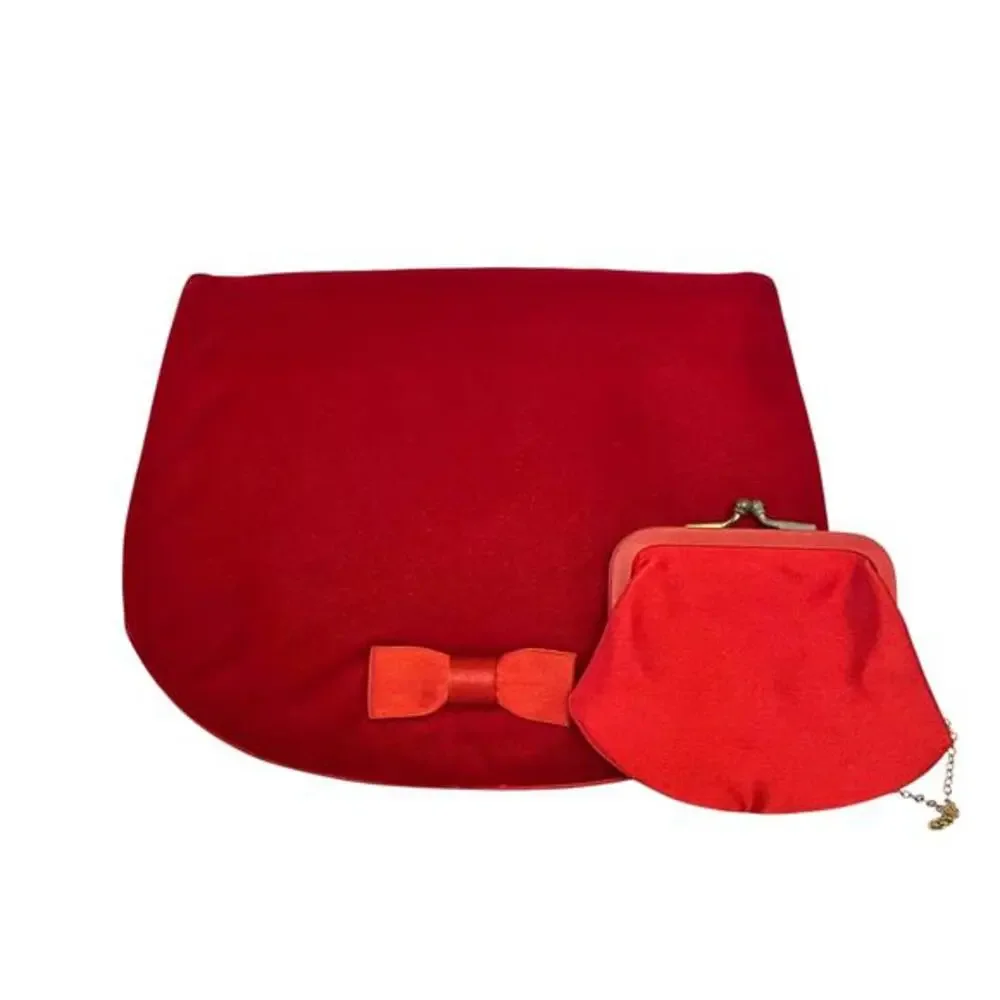 1960s Morris Moskowitz MM Vintage Red Velvet Bow Clutch w/ Kisslock Coin Purse